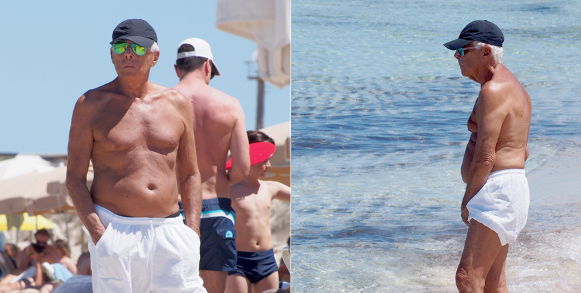 Ibiza är ett annat populärt stjärnresmål. Designern Giorgio Armani håller span bakom sina solglasögon. 