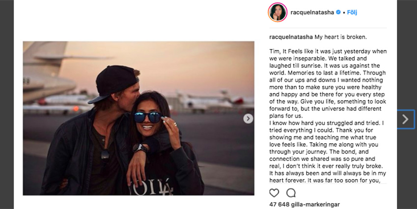 Även Aviciis ex-flickvän Raquel Bettencourt beskriver sorgen.