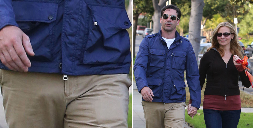 Jon Hamm visar en tydlig bula under byxorna under en promenad med flickv&auml;nnen Jennifer Westfeldt.