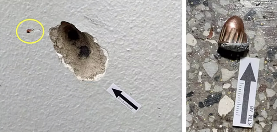Kulorna avslöjar brutaliteten. Polisens bilder visar skadorna och spåren efter de blodiga skjutningarna.