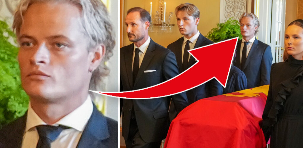 Marius Borg Høiby fick en framträdande roll när kung Harald förs till sin sista vila – trots fotbojan.