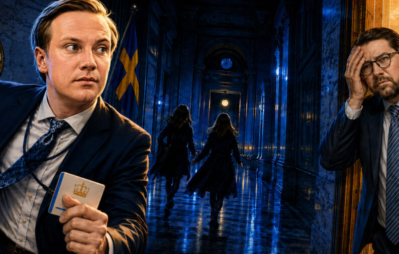 SD-toppens skandalnatt i riksdagen &ndash; sl&auml;ppte in tv&aring; ton&aring;rsflickor