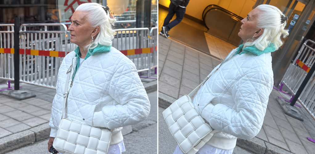 Grete Qviberg visar upp sin eleganta vardagsstil vid Östermalmstorg. Den vita quiltade jackan matchas med en flätad axelväska och en mintgrön krage.